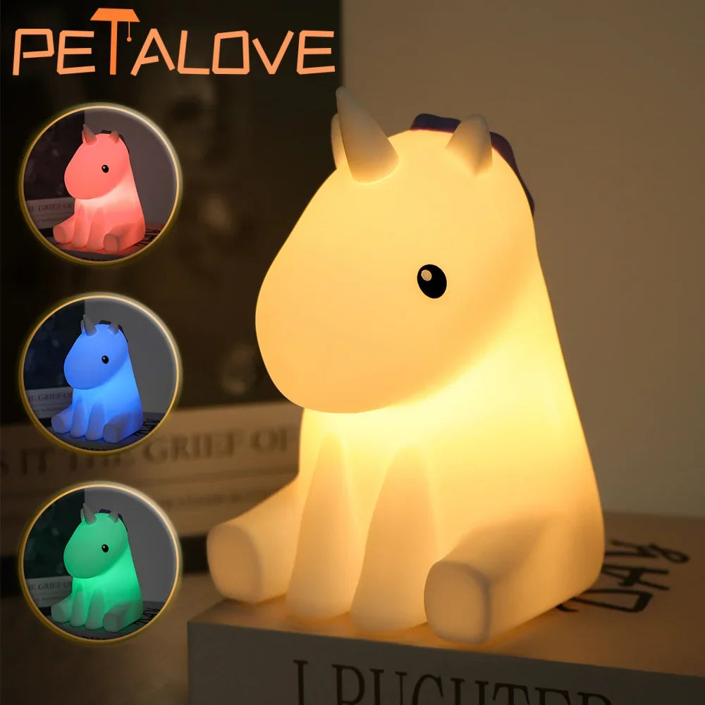 Rechargeable Silicone Patting Lamp Unicorn LED Night Lamp Dimmable Cartoon Animal Bedside Bedroom Mood Light Creative Gift