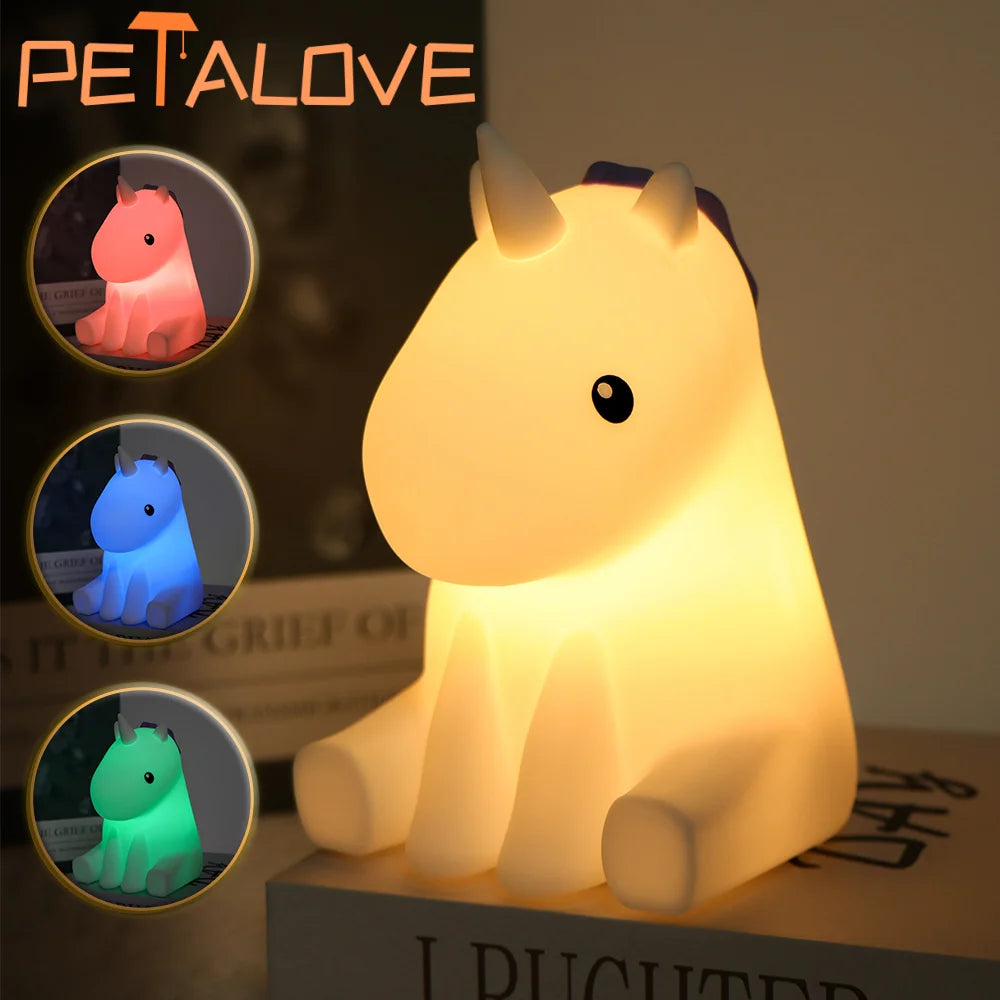 Rechargeable Silicone Patting Lamp Unicorn LED Night Lamp Dimmable Cartoon Animal Bedside Bedroom Mood Light Creative Gift