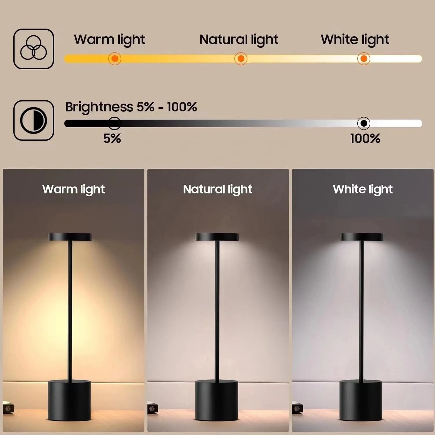 USB Metal Rechargeable Table Lamp Desk Light 3 Colors Adjustable Creative Ambient Desktop Mood Mini Lighting Bedside Decorative