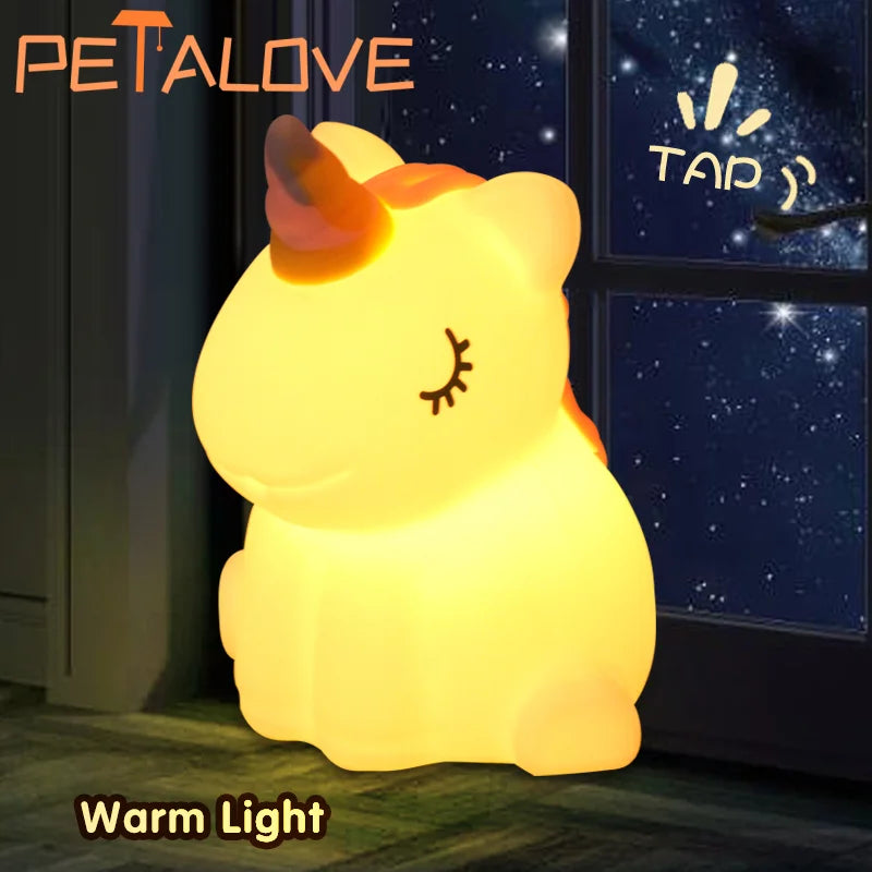 Rechargeable Silicone Patting Lamp Unicorn LED Night Lamp Dimmable Cartoon Animal Bedside Bedroom Mood Light Creative Gift